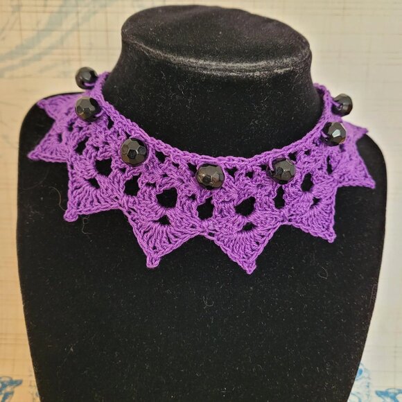 Repurposed Vintage Jewelry on Hand Crafted Crochet Boho / Goth Choker Necklace - Picture 1 of 5
